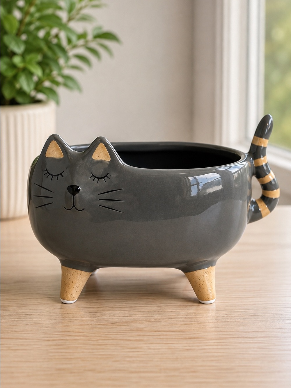 Lotus International Gray Cat Planter Ceramic Footed Pot 🐈‍⬛ NWOT